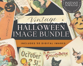 May include: A digital image bundle of 50 vintage Halloween illustrations. The images feature pumpkins, cats, witches, and other Halloween imagery. The text "Vintage Halloween Image Bundle" and "Includes 50 Digital Images" is displayed on the image.