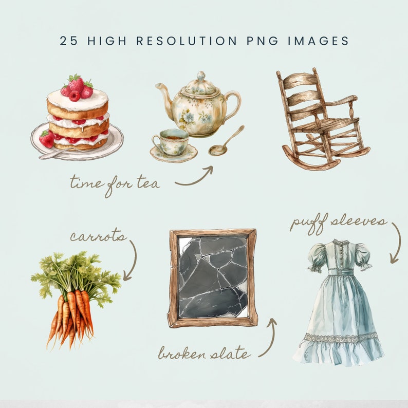 Op de afbeelding: Een set van 25 hoge-resolutie PNG-afbeeldingen met aquarel-illustraties van verschillende objecten, waaronder een taart met frambozen, een theepot, een schommelstoel, wortels, een gebroken leisteen en een jurk met pofmouwen. De tekst "time for tea", "carrots", "broken slate" en "puff sleeves" is ook in de afbeelding opgenomen.