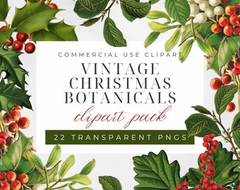 Vintage Christmas Clipart pack | christmas botanicals | christmas greenery | Commercial Use | vintage holly clipart | christmas wreaths