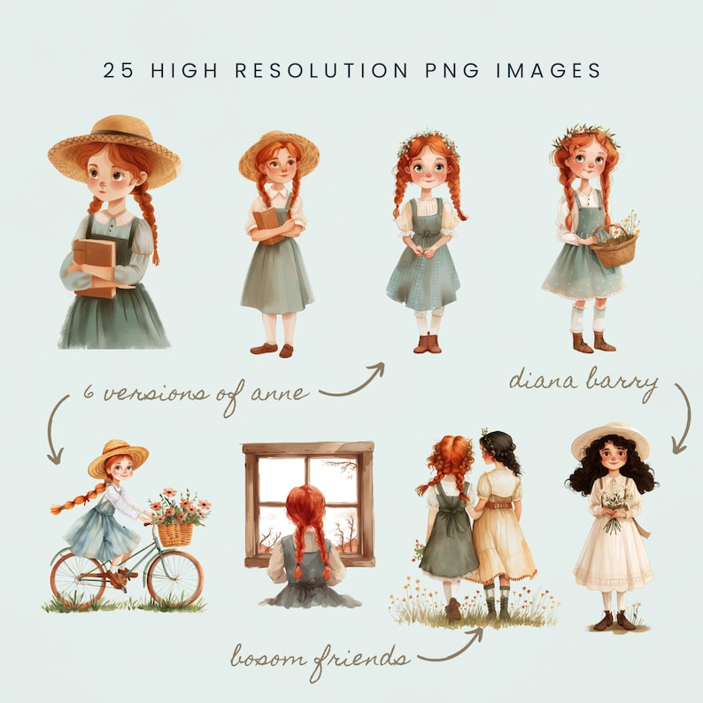 Op de afbeelding: Een set van 25 hoge resolutie PNG-afbeeldingen met illustraties van meisjes met rood haar. De afbeeldingen bevatten een meisje met een boek, een meisje met een mand vol bloemen en een meisje dat op een fiets rijdt. De tekst "6 versions of anne", "diana barry" en "bosom friends" is in de afbeelding opgenomen.