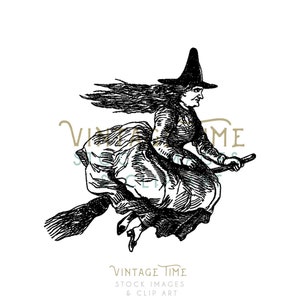 May include: A black and white illustration of a witch flying on a broomstick. She is wearing a long dress and a pointed hat. Her hair is flowing in the wind.