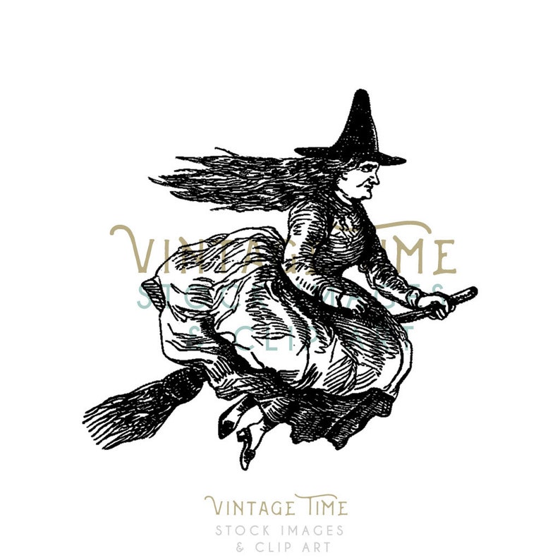 May include: A black and white illustration of a witch flying on a broomstick. She is wearing a long dress and a pointed hat. Her hair is flowing in the wind.
