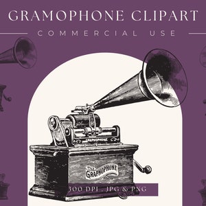 Image clipart gramophone, téléchargement immédiat, clipart numérique, décoration d'intérieur, usage commercial, phonographe, tourne-disque, lecteur de musique,