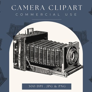 May include: Black and white illustration of a vintage camera with a bellows and a lens. The camera is on a white background. 300 DPI. JPG & PNG.