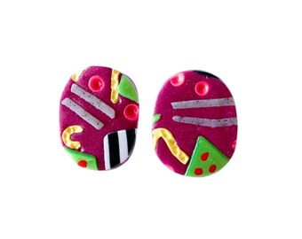 Colourful Pink Clay Studs, Statement Earring Gift For 16th Birthday, Handmade Earrings