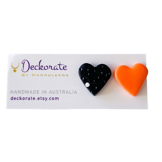 Everyday Studs, Fall Lover Gift, Heart Stud Earrings, Clay Earrings Cute, Black Orange Halloween Studs, 21st Birthday Gift, Female Coworker