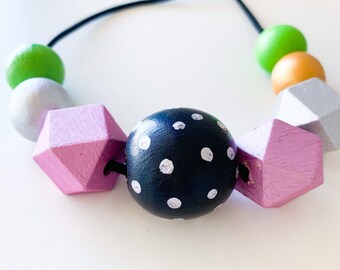 Wood Bead Necklace, 30th Birthday Gift For Women, Bright Boho Wood Necklace, Geometric Ethical Jewellery, Artisan Handmade Contrast Necklace