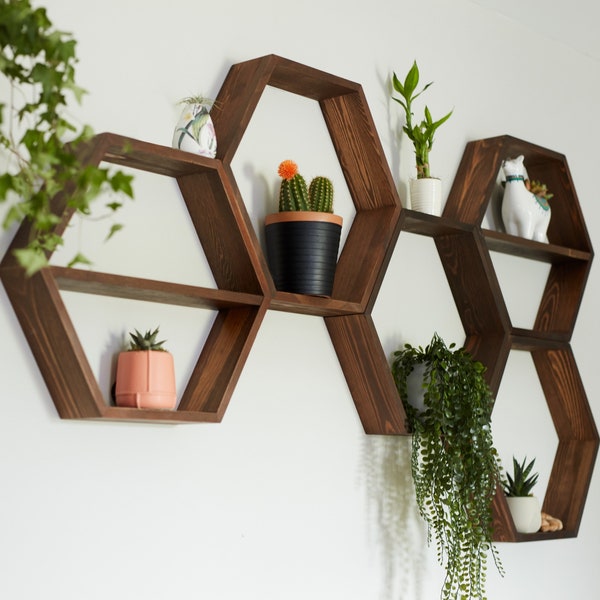 Hexagon Shelves, floating shelf, Honeycomb Shelf, crystal shelf, wood hexagon, plant shelf, rustic display shelves, crystal display shelf