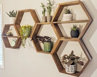 Hexagon Shelves, floating shelf, Honeycomb Shelf, crystal shelf, wood hexagon, plant shelf, rustic display shelves, crystal display shelf