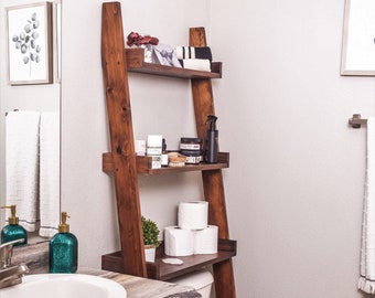 3 Tier Over the Toilet Leaning Ladder Shelf, rustic storage shelves and bathroom organizer
