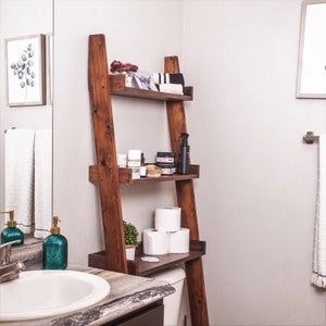 3 Tier Over the Toilet Leaning Ladder Shelf, rustic storage shelves and bathroom organizer