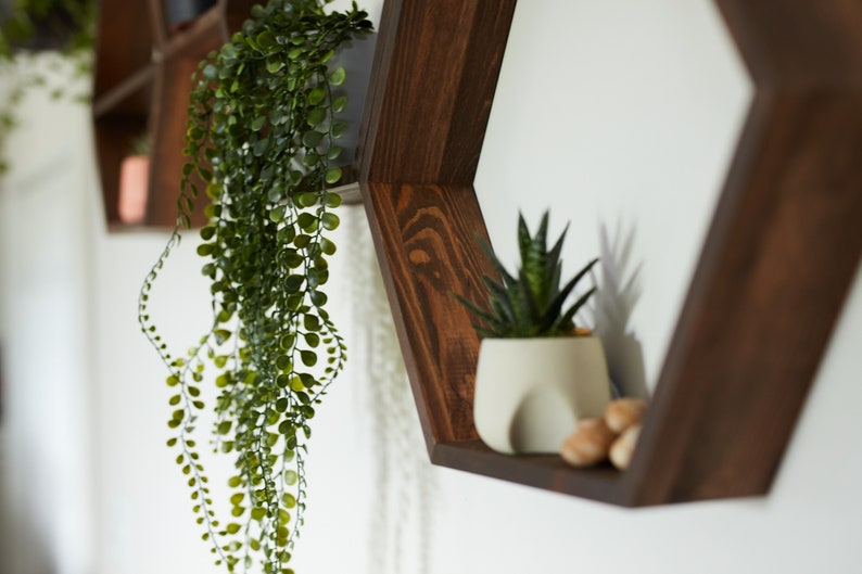 Hexagon Shelves, floating shelf, Honeycomb Shelf, crystal shelf, wood hexagon, plant shelf, rustic display shelves, crystal display shelf image 7