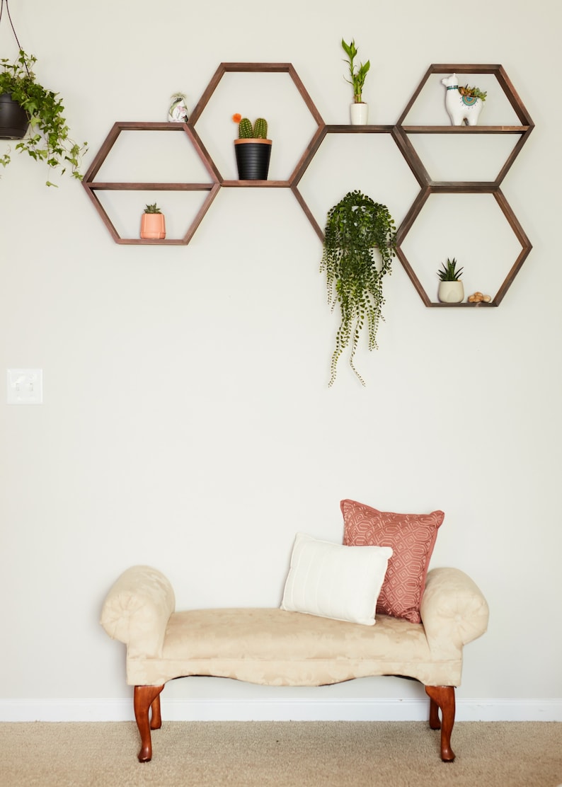 Hexagon Shelves, floating shelf, Honeycomb Shelf, crystal shelf, wood hexagon, plant shelf, rustic display shelves, crystal display shelf image 10