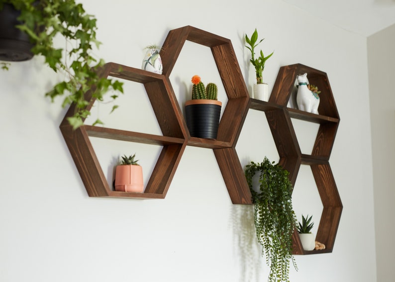 Hexagon Shelves, floating shelf, Honeycomb Shelf, crystal shelf, wood hexagon, plant shelf, rustic display shelves, crystal display shelf image 1