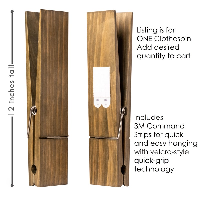 Puede incluir: Un juego de dos pinzas de ropa de madera marr&oacute;n, cada una con una altura de 30,5 cm. Las pinzas de ropa est&aacute;n dise&ntilde;adas para colgar art&iacute;culos en una pared e incluyen tiras adhesivas 3M Command para un f&aacute;cil colgado.