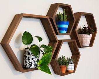 Étagères hexagonales, étagère flottante, étagère en nid d'abeille, étagère murale géométrique hexagonale, hexagone en bois, étagère pour plantes, étagères rustiques