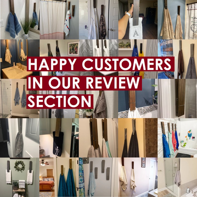 Puede incluir: Un collage de im&aacute;genes que muestran varios toalleros en diferentes entornos de ba&ntilde;o. Los toalleros est&aacute;n hechos de madera y presentan un dise&ntilde;o sencillo. El texto "HAPPY CUSTOMERS IN OUR REVIEW SECTION" se superpone a las im&aacute;genes.