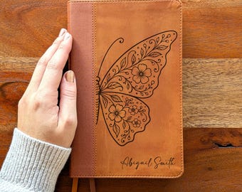 Personalized NIV Personal Size Bible – Large Print, Brown | 11.5 pt. Font | Red Letter | Flower Butterfly | Women's Bible | Christian Gift