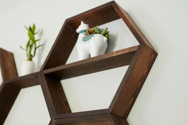 Hexagon Shelves, floating shelf, Honeycomb Shelf, crystal shelf, wood hexagon, plant shelf, rustic display shelves, crystal display shelf image 9