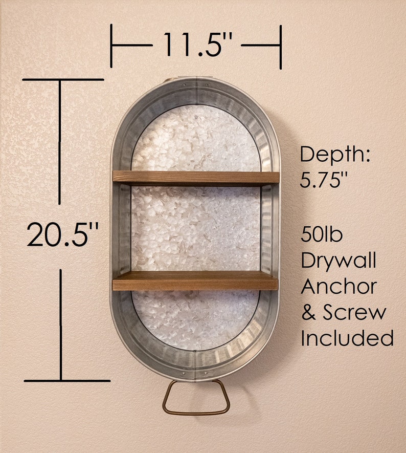 May include: A galvanised metal shelf with two wooden shelves. The shelf is 11.5 inches wide and 20.5 inches tall. It includes a 50lb drywall anchor and screw. Depth: 5.75"