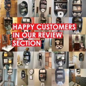 May include: A collage of images showcasing various bathroom shelves made from repurposed metal tubs. The shelves are decorated with towels, plants, and other bathroom accessories. The text "HAPPY CUSTOMERS IN OUR REVIEW SECTION" is superimposed on the collage.