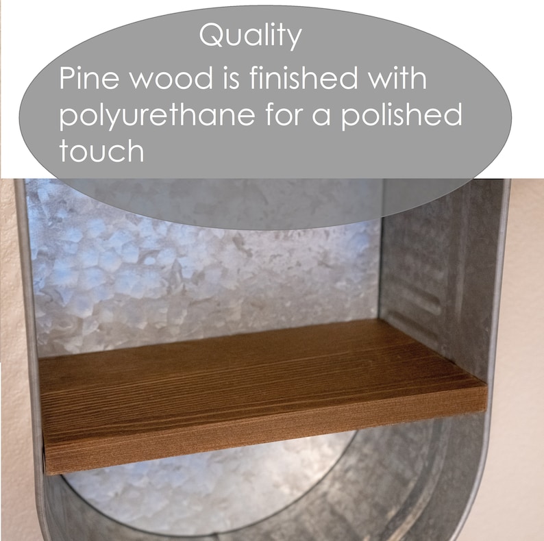 May include: A metal shelf with a wooden shelf. The metal is galvanised and has a textured surface. The wooden shelf is made of pine wood and is finished with polyurethane for a polished touch. Quality.