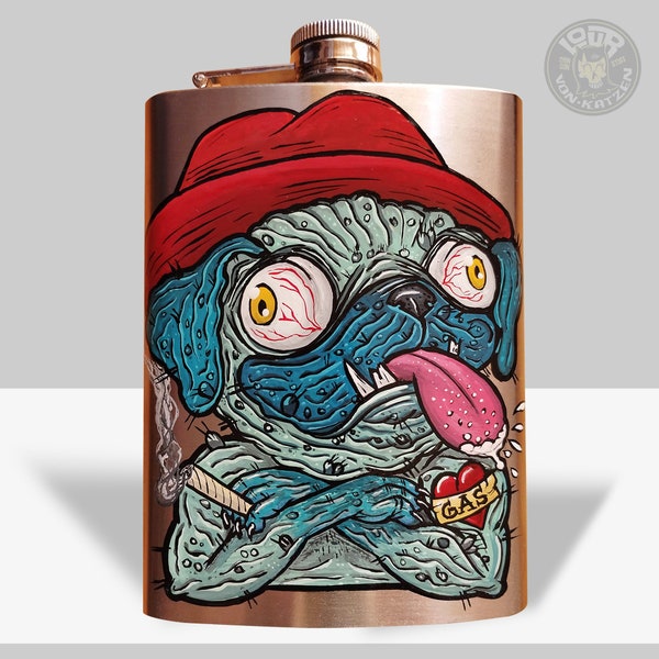 MARTY DOG petaca metálica personalizada con esmalte estilo weirdo kustom kulture fink art por Lour Von Katzen