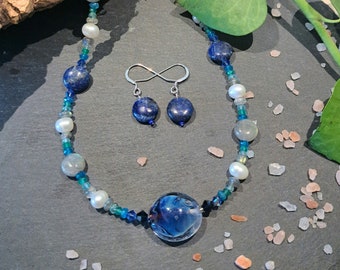 Double Helix glass focal bead with Lapis Lazuli and Pearl necklace