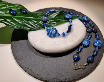 Blue Murano glass, Lapis Lazuli and Swarovski crystal necklace and matching earrings set