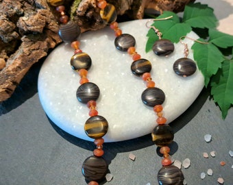 Coffee Jasper and Tigers Eye necklace and earrings set