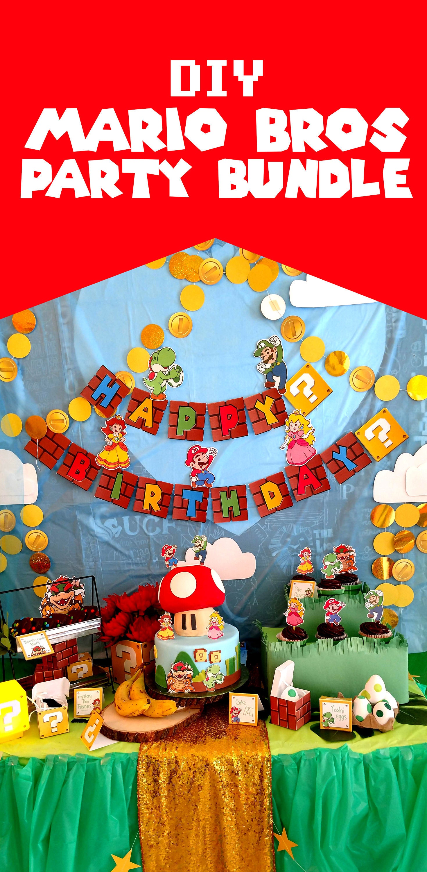 Mario Bros Printable Party Birthday Baby Shower Gender Reveal