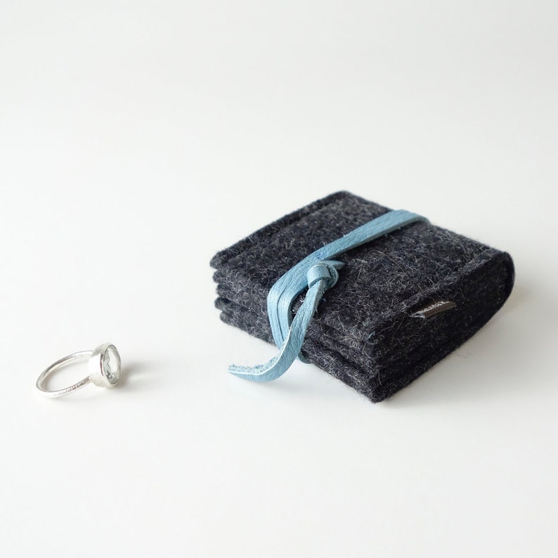 Jewellery storage organic felt organic leather jewelry case small jewelry bag anthracite-light blue ecological materials unique matilda k.