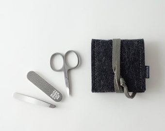 Mini manicure set 'ella' minimalist organic felt anthracite and fastening strap made of organic leather many colors with scissors nail file tweezers