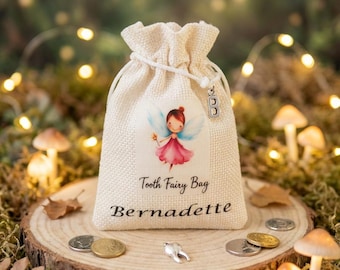 Personalised Tooth Fairy Bag - Drawstring Pouch for Children's Lost Teeth - Fairy Keepsake Gift Boys & Girls with silver letter charm.
