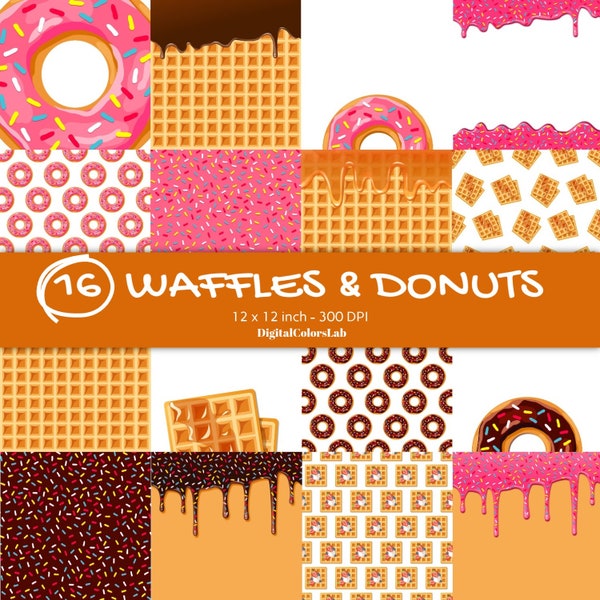 16 Waffles e Donuts food, pettern decor, digital paper, food backdrops, food photography,  png Breakfast food