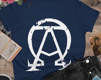 Alfa en Omega - dames T-shirt katholiek christelijk T-shirt met minimaal symbool - katholiek streetwear dames