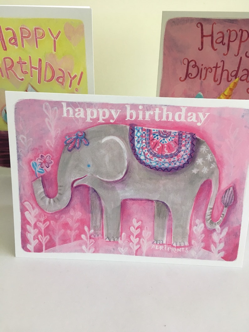 Elephant Unicorn Pink /& Purple Happy Birthday Greeting Card 6-pack Cupcake featuring art by Adriana Bergstrom
