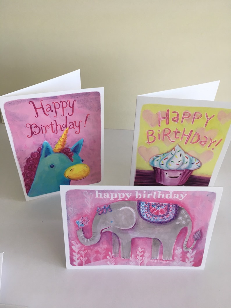 Elephant Unicorn Pink /& Purple Happy Birthday Greeting Card 6-pack Cupcake featuring art by Adriana Bergstrom
