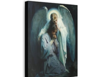 May include: A painting of a man kneeling in prayer with an angel comforting him. The man is wearing a blue robe and the angel is wearing a white robe with large wings. The painting is done in a realistic style with soft lighting.