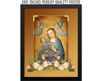 Vierge à l’Enfant - Affiche religieuse - Art mural de la Vierge Marie - Estampes catholiques - Vierge et Anges - Art sacré