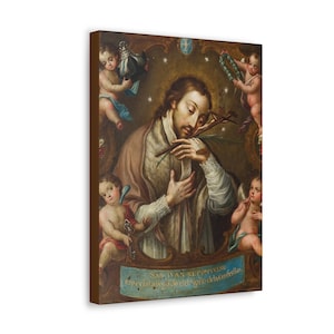 May include: A painting of Saint John Nepomuk, a Catholic saint, with a golden halo and surrounded by cherubs. The painting is in a Baroque style and features a rich color palette of browns, golds, and blues. The text at the bottom reads "San Juan Nepomuceno especial abogado del Siglo de la Confesion."