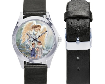 The Guardian Angel - Unisex Leather Watch - wrist watches - catholic gifts - Angels - religious watch - Catholic gift idea