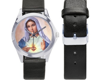 Unisex Leather Watch - Immaculate Heart of the Blessed Virgin Mary - catholic gifts - catholic watch - wrist watch - Virgin Mary watch