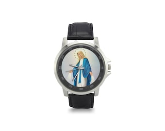 Catholic gifts - Our Lady of the Miraculous Medal - Unisex Stainless Steel Leather Strap Watch - Religious watches - Wrist watch Virgin Mary