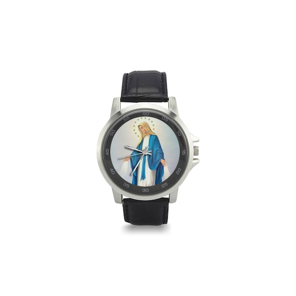 Catholic gifts - Our Lady of the Miraculous Medal - Unisex Stainless Steel Leather Strap Watch - Religious watches - Wrist watch Virgin Mary
