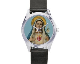 Catholic gifts - Unisex Leather Watch - The Immaculate Heart of the Blessed Virgin Mary - wrist watch - Watches - religious gift idea