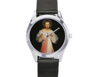 Unisex Leather Watch - Divine Mercy Jesus - catholic gifts - catholic watch - wrist watch - Merciful Jesus of Vilnius - religious gifts