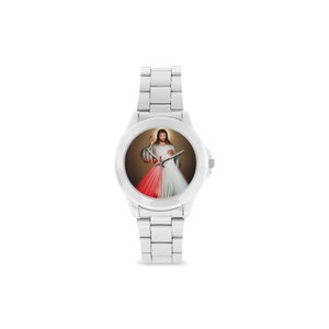 May include: A silver wristwatch with a religious image on the face. The image shows a figure in white and red robes with a halo. The watch has a stainless steel strap and a round face, suitable for everyday wear.