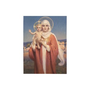 May include: A painting of a woman in a red robe holding a child. Both figures have halos. The woman wears a white head covering and the child is nude. The background shows a blue sky and a distant town.