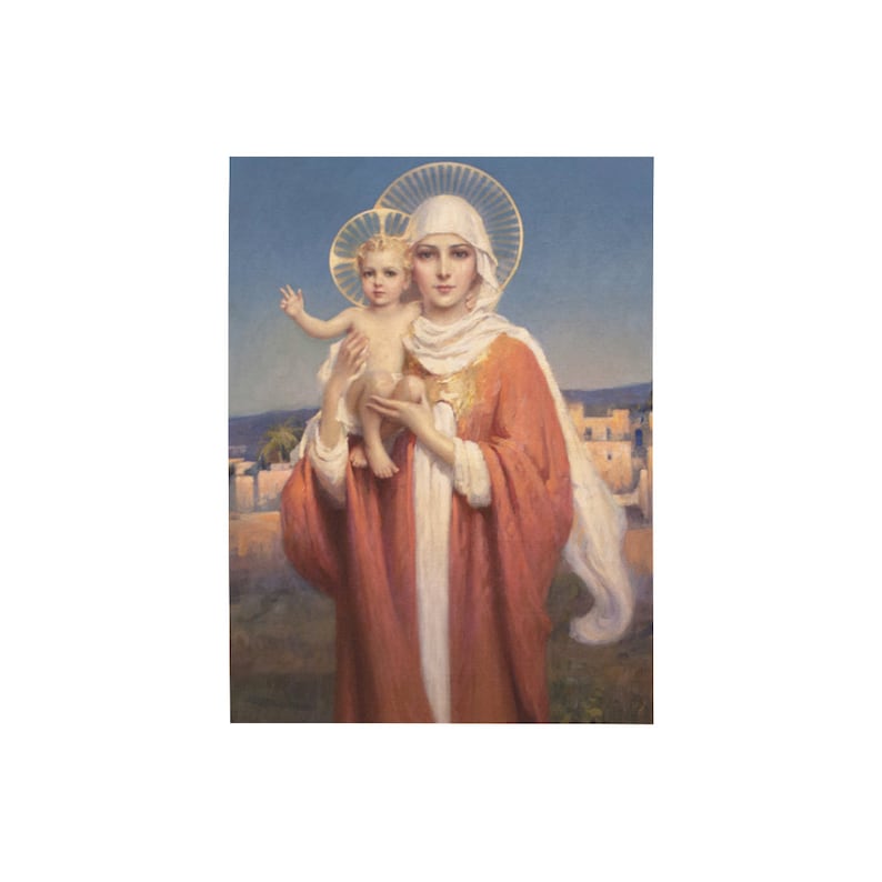 May include: A painting of a woman in a red robe holding a child. Both figures have halos. The woman wears a white head covering and the child is nude. The background shows a blue sky and a distant town.